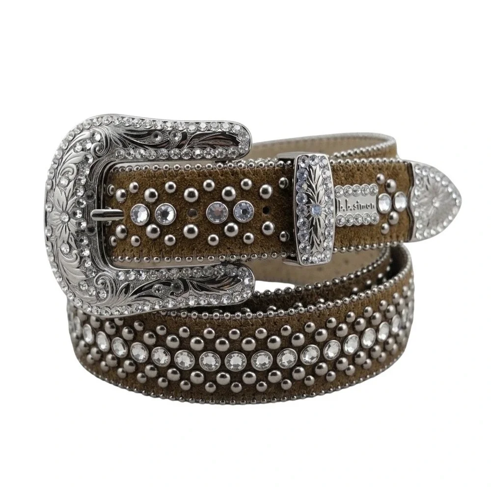 BB Simon Brown Suede Crystal Studded Western Belt Silver Buckle XXL‎ 1689 188
